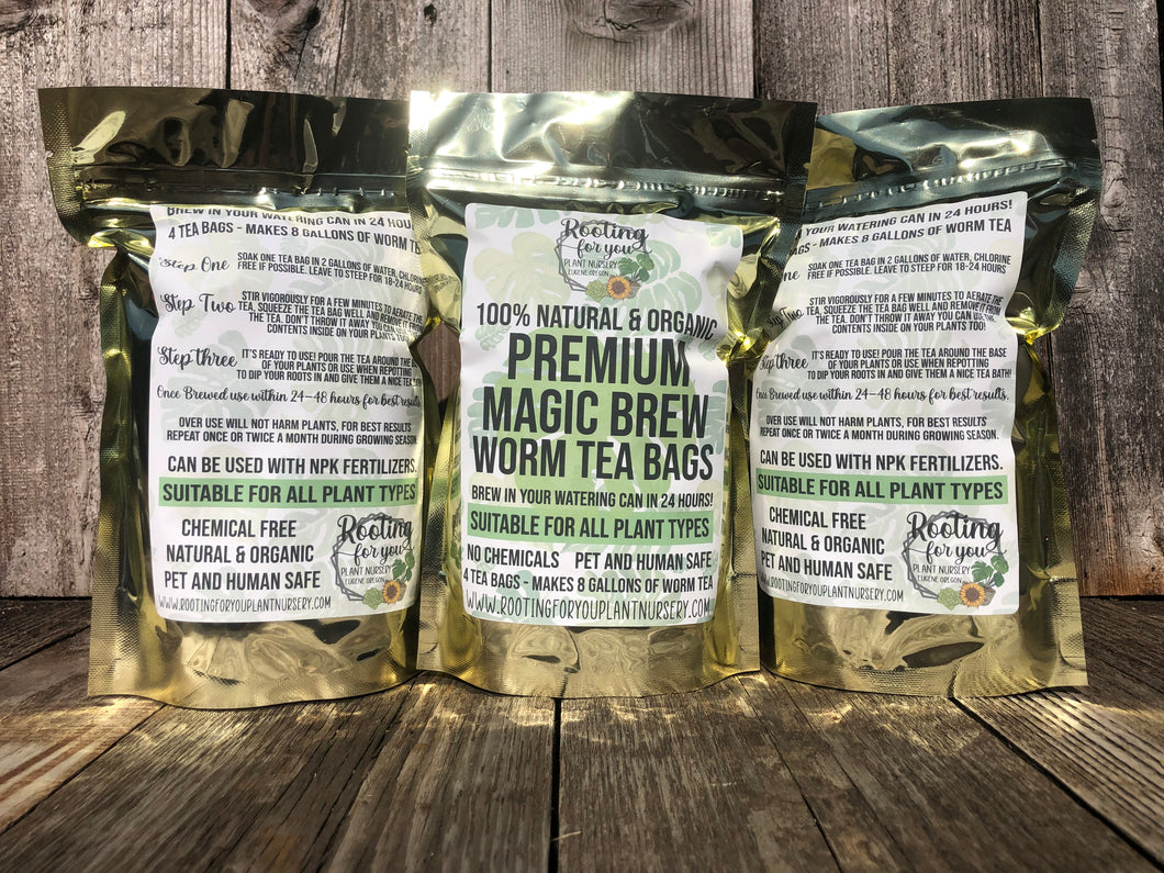 Premium Magic Brew Worm Tea Bags Natural & Organic 4 Tea Bags MAKES 8 GALLONS - Oregon Licensed Nursery - Easy to Brew in your watering can!